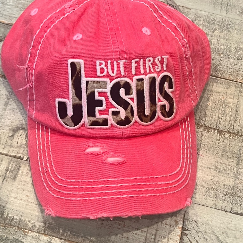 Pink Distressed Cap with 'But First Jesus' Embroidery